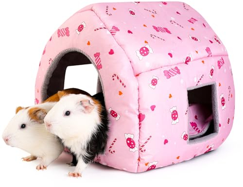 ONEJU Meerschweinchen Haus, Meerschweinchen Bett, teilbares Plüschdach, Kaninchen Haus, Kaninchen Bett, ideales Zubehoer für kleine Haustiere, Rosa Bonbon Muster