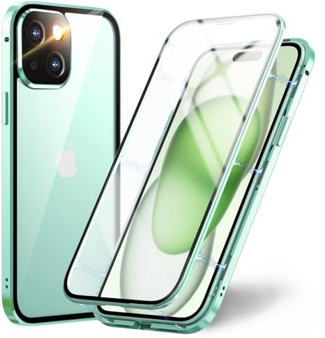 OMGZONE Magnetic Case for iPhone 15 Full Body Cover,Screen Protector built-in Transparent Tempered Glass and Camera Protector,360 Degree Metal Bumper Case for iPhone 15,Clear Green