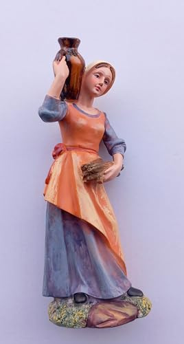 Generico ArteSacraCaravaggio Figurine femme avec amphore et bois personnage crèche 28 cm (11,02 pouces) en résine décorée à la main pour l'intérieur et l'extérieur