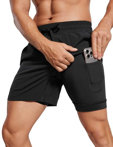 CRZ YOGA Herr 2-i-1 Löparshorts med foder - 13 cm Snabbtorkande för träning sport atletisk med fickor Svart L