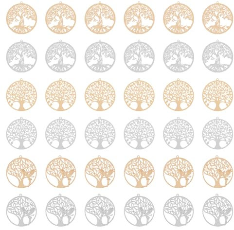 HOBBIESAY 36 pezzi, 3 stili, 2 colori, ciondolo a forma di albero della vita, ciondolo piatto rotondo con passanti, design filigranato, in ottone, platino, placcatura in oro, goccia, Ottone
