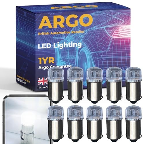Argo 233 Ba9s Led Bulbs Xenon White Clear Lens 12v Pack Of 10 | 433 T4W, Number Plate Light, Car Van, Side Marker Reverse, Bright Upgrade Side Light Parking, Dome Map Boot Interior