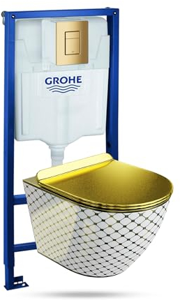 LAVITA Vorwandelement Solido + Wand Hänge WC Sofi Slim Checked Gold/Weiß Spülrandlos + + WC Sitz mit Absenkautomatik Goldener Knopf Komplettset Unterputz Spülkasten Toilette Komplett Sett WC