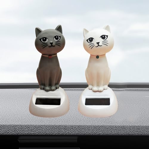 Auto Solar Wackelfigur Katze, Solar Wackelfiguren Tanzende Kleine Katze, Katze Solarfigur Statue Auto Armaturenbrett Deko Ornamente, Solarfigur Wackelfigur für Auto Haus Oder Büro (1 Weiß 1 Grau)