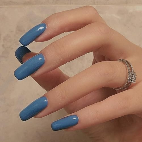 HaoTrade 24PCS False Nails Medium Blue French Press on Nails Tapered full coverage glossy false Nails Acrylic Full Cover Fake Nails Women Girls Accessories