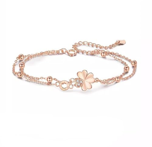 Belons Damen Armband 925 Sterling Silber Zirkonia Vierblättriges Kleeblatt Charm Armband Mädchen Armkette Kinder Armkettchen, Silber/Rosegold