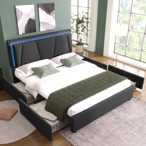 Aoskem Bett 140x200 cm Polsterbett Doppelbett mit Stauraum 4 Schubladen, LED-Kopfteil, Stauraumbett Bettgestell mit Lattenrost, Flachbett Jugendbett mit Rückenlehne, Ohne Matratze, Leinen Garu