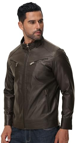 DON JOHNSON Giacca in Pelle Sintetica da Uomo Giubbotto Ecopelle in Similpelle Stile Biker in Finta pelle Casual Vintage (IT, Testo, M, Regular, Regular, Marrone)