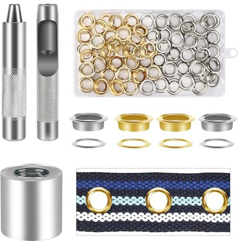 Pavlleen Occhiello Strumento Kit, 120 Pezzi Occhielli Set di Occhielli per Teloni, Occhielli Grommet Rondelle, Occhielli Metallici con Scatola Portaoggetti, per Tela Cerata, Tessuto (Oro e Argento)