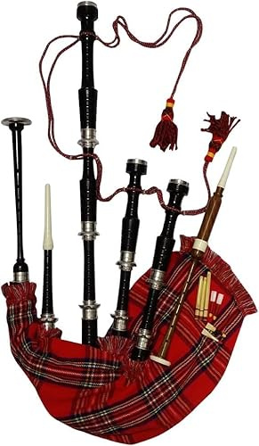 Tartancity Schottischer Dudelsack in voller Größe, silberfarben, einfarbige Halterungen, schwarzes Finish, Highland-Dudelsack mit Zubehör (Schwarz, Royal Stewart)