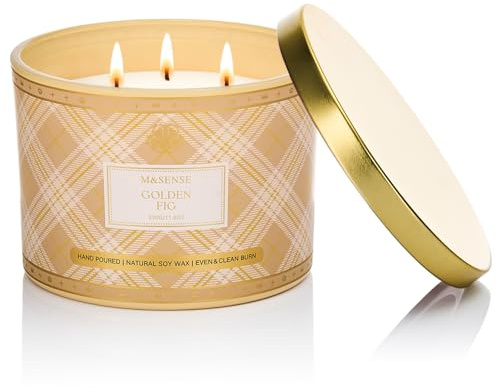 M&SENSE Duftkerze Groß Goldene Feige|Duftkerze im Glas mit 3 Dochten|330g Natürliche Soja-Kerze Duftkerzen|65 Stunden Brenndauer|Kariertes Design Duftkerze Geschenk|Elegant Candle Gift