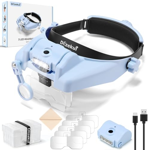 Dilzekui Magnifying Glass with Light, Magnifying Glasses for Close Work 1X-14X, Magnifier Headset with 2pcs Detachable Lights,Upgraded USB C Charge Built-in 500mAh Suit for Crafts Hobbies Cross Stitch