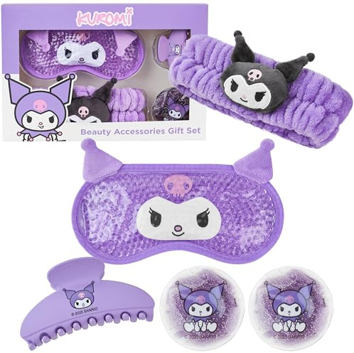 Hello Kitty Sanrio Kuromi Beauty Set mit Gel Augenmaske Kühlend, Augen Pads, Haarband Damen & Haarklammer, Anime Geschenk für Frauen & Teenager (Lila Kuromi)