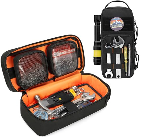 Rexmica Piccola borsa per attrezzi resistente con 2 tasche per attrezzi staccabili, borsa tattica multifunzionale per attrezzi Molle con supporto imbottito per campeggio, viaggi su strada, lavori