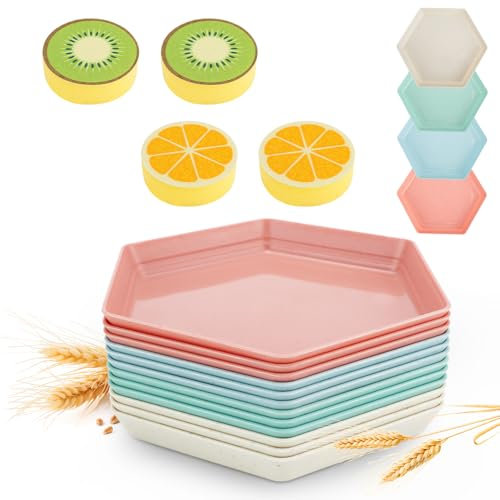 DIYJEP 12 Pcs Plastic Plates with 4Pcs Cleaning Sponge Set, 17cm Reusable Hexagonal Dinner Plates, Dishwasher & Microwave Safe Dinnerware Set, Unbreakable Pasta Bowls for Home, Office, Picnic, Park