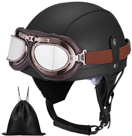 Uueybsg Casque de Moto Vintage Cuir Retro Casque Jet Casques Bols Demi Casque de Mobylette Cuir avec Lunettes Homologué ECE Casque Scooter pour Adultes Homme et Femme avec Sac de Rangement
