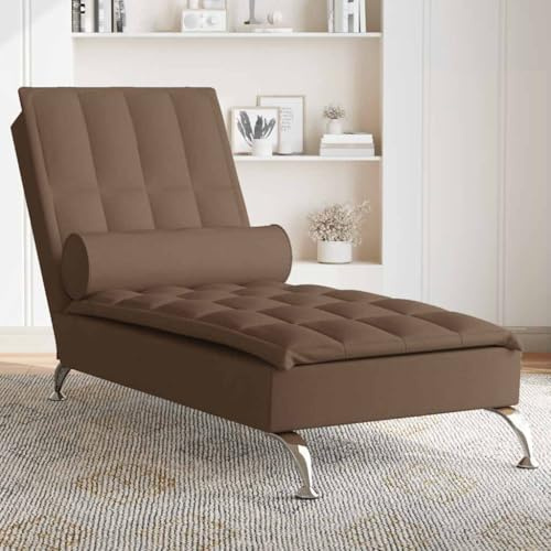 Teenpull Massage-Chaiselongue, Braun Stoff, Nackenrolle, 1 Massagepunkt, Metallbeine, 110 kg Belastbarkeit, für Wohnzimmer, Innenbereich, Gemütlichkeit