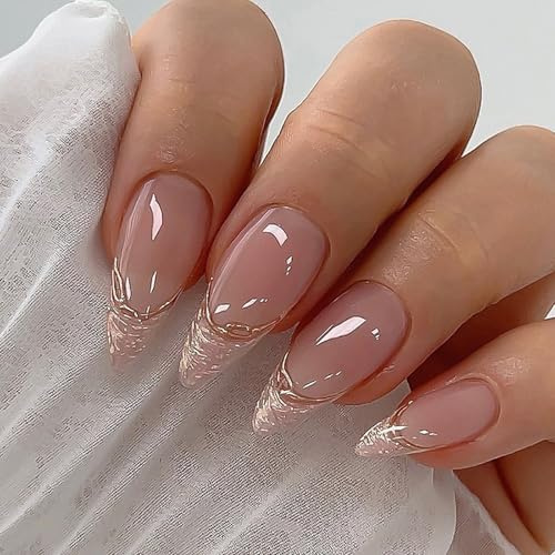 24pcs Short Almond Press On Nails with Rough Gold Edge French Tip & 3D Stripes - Eco-Friendly ABS Resin Nude False Nails Full Kit for Women with Accessory Tool, Easy Application, Minimalist Elegant