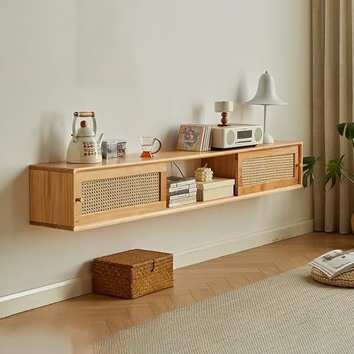 KAXLDHH Mueble Flotante TV, Soporte De TV Suspendido con Puertas, Consola Multimedia De Pared De Madera, Mesa TV Salon para Decodificador De Cable Y Consola Videojuegos(Natural,150x25x25cm)