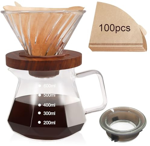 DITOSH Pour Over Coffee Maker 20.3oz Portable Glass Coffee Maker High Borosilicate Glass Eagle Beak Spout Design with 100 Pcs Filter Paper Walnut Wood Base for Pour Over for Daily Brewing 600ml
