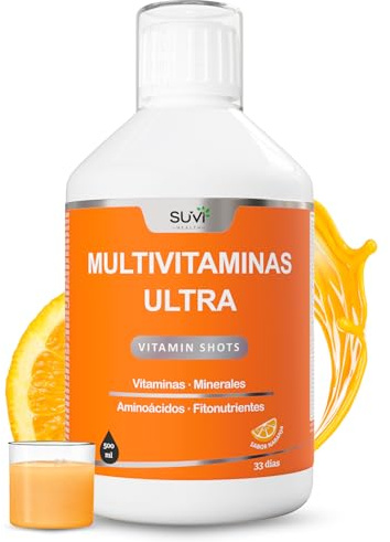 Multivitaminas Mujer y Hombre - Complejo Vitamínico Completo para Energía y Defensas con Ginseng, Minerales y Ashwagandha - Multivitamínico Líquido con Sabor Naranja, Vegano, 500ml (33 Días)