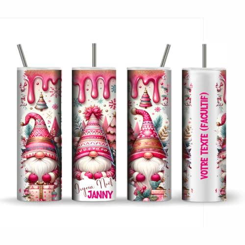 Gobelet Isotherme Personnalisé Lutins Rose – Mug Thermique en Acier Inoxydable avec Paille Métal – Cadeau Noël, Anniversaire – Prénom & Texte au Choix – 600 ml Double Paroi