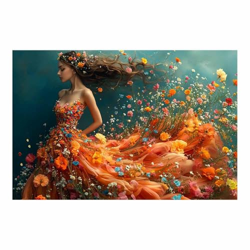 TERUEA Frauen Portrait abstrakt Frau in Blumenkleid mit Blumen Leinwand Leinwandbild Schlafzimmer Küche Deko Wand Kunstdruck Art Groß XXL Wanddeko Bild Wall Decor Canvas(Orange)-20x30cm1 Ungerahmt