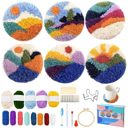 Yunkctuk Punch Needle Untersetzer Kit, Punch Needle Stoff mit Muster, Werkzeugen, Stickgarn, Stickrahmen, Anleitung und Untersetzerständer, DIY-Bastelset für Anfänger, Erwachsene und Kinder