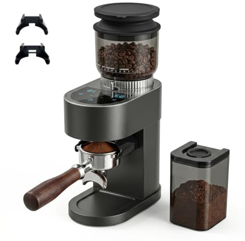 Umisu Macinacaffè elettrico, 60 gradi di macinazione, macinino conico da 48 mm, macinino per chicchi di caffè con supporto portafiltro e soffietto, display touch digitale, per espresso, French press
