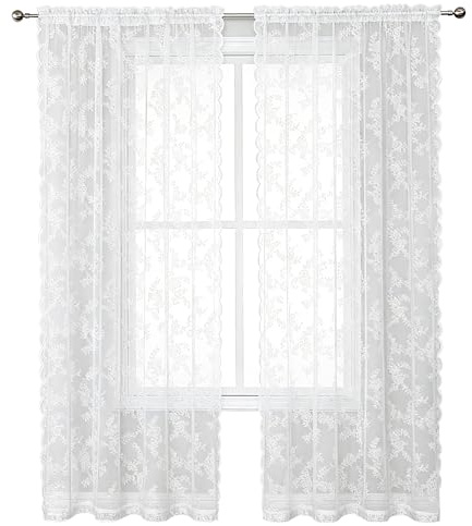 MilyaDE 2PCS Scheibengardinen mit Stangendurchzug, Spitze Transparente Gardine mit Blumenmuster für Wohnzimmer Schlafzimmer, Weiß 75 * 100cm