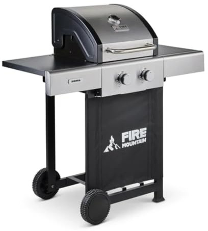 Fire Mountain Sierra 2 Burner Gas BBQ Stainless Steel Cast Iron Grill | Dual control compact outdoor barbecue for garden patio balcony 40 x 42cm cooking area