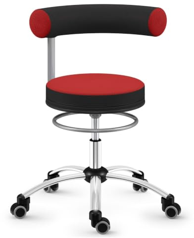 Sanus®-Gesundheitsstuhl | Rollhocker mit 360° Lehne, höhenverstellbarer Lehne, Sitzhöhe (46-54 cm), Stoffbezug rot/schwarz, Rollstopp-Rollen. Ergonomischer Bürostuhl, Erzieherstuhl