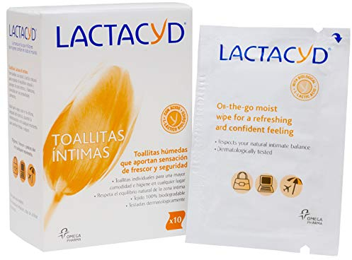 Lactacyd Toallitas húmedas Higiene íntima Aporta sensación de frescor y seguridad 100% biodegradable con ácido Lláctico natural 10 toallitas individuales
