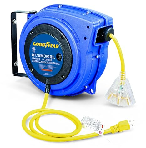 GOODYEAR Extension Cord Reel Extra Long 40 ft 14AWG 3C SJTOW, Triple Tap Connector, Heavy Duty, Slow Retraction Stop At Any Point