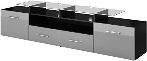 Tv Schrank Evora Mini, Lowboard, Unterschrank, Fernsehentisch, Fernsehenschrank mit 2 Klappen, 2 Schubladen und LED Beluchtung (Schwarz/Grau Hochglanz)