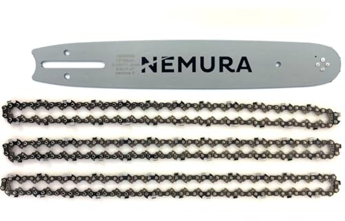 Nemura Guide de 40 cm et Lot de 3 Chaînes de tronçonneuse - 56 Maillons Entraîneurs - Pas 3/8 LP - Jauge 0.50 (1,3mm) - Pièces Détachées de qualité professionnelle pour Outillage - Marque Française