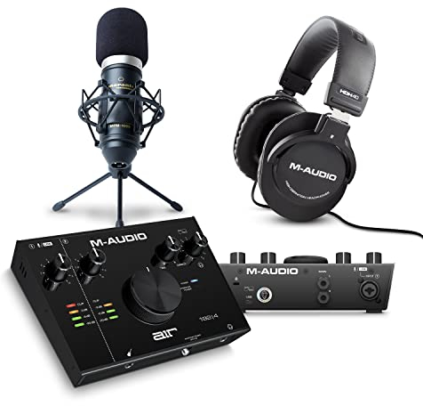 M-Audio Studio Equipment Bundle - AIR 192x4 USB C Audio Interface, XLR Condenser Microphone and Over Ear Headphones for Recording and Gaming