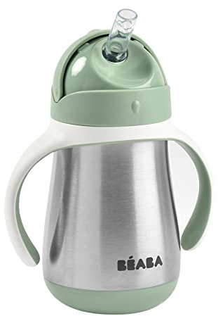 BÉABA, Biberon/Tazza di Apprendimento 2 in 1, Tazza con cannuccia per Bambini, 100% a Tenuta, Salvagoccia, Facile da aprire, Manici Removibili, Inox, 250 ml, Verde salvia