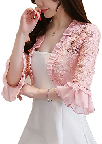 DNLKWGO Cardigan boléro transparent à manches 3/4 en dentelle pour femme, rose, Taille L