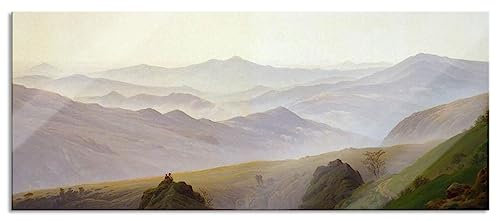 Pixxprint Glasbild Panorama, Wandbild aus Echtglas, Caspar David Friedrich - Morgens in den Bergen, 100x40 cm, inkl. Aufhängung und Abstandshalter