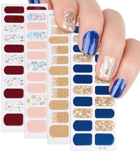 4 Sheets Self-Adhesive Nail Wraps - Full Coverage Stickers in Red, Pink, Gold, Navy Blue - Laser Shiny Polish for Women's Nail Art