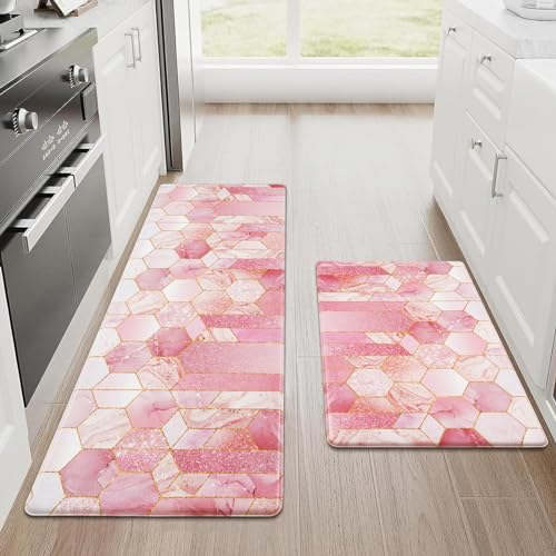 Alishomtll Tappeto da cucina in PVC, 2 pezzi, 44 x 75 + 44 x 120 cm, antiscivolo, impermeabile, con retro in gomma di 10 mm, lavabile, facile da pulire, per cucina, rosa