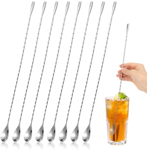 8 Pieces 15.7 Inch Cocktail Spoon Bar Stirring Spoon Long Handle Stainless Steel Spiral Pattern Cocktail Mixing Shaker Spoons