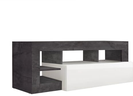 AltoBuy Arturo - Meuble TV 1 Abattant Blanc Laqué Encadrement Niches Aspect Gris Oxyde