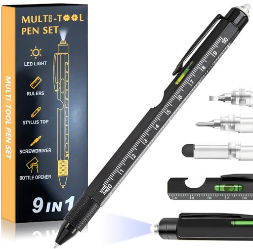Father's Day Gifts for Dad, Multitool Pen 9 in 1 Innovative Gift for Men, with LED Light, Ruler, Stylus, Bubble Level, and Screwdrivers,Unique Gifts Gadgets for Him, Boyfriend,Husband, Dad (Black)