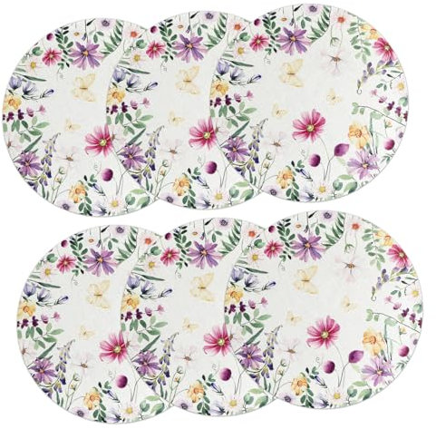 VERDANVERSE Tovagliette Rotonde Floreali in Lino, Sottopentola Decorativi Per Tavoli Da Pranzo, 6 Pezzi, Resistenti e Facili Da Pulire, Per Cene Quotidiane e Riunioni