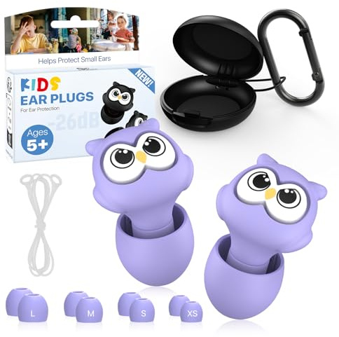 Kids Ear Plugs for Ear Protection Kids 5+, Adults & Small Ears, 26dB Noise Reduction Earplugs for School, Flying, Focus, Concerts & Noise Sensitivity, 4 Sizes Silicone Tips with Safety Cord