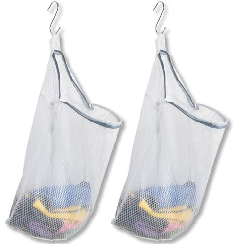2Pcs Mesh Hanging Laundry Bags for Washing Machine, 15 X 12 inch Wash Bag for Clothes Delicates Lingerie with S Hooks