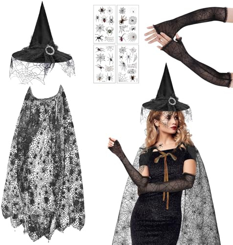 NebulaGlam Halloween Damen Hexen Kostüme Spinnen Kostüm für Erwachsene Frauen Netz Umhang und Hut Spinnenhandschuhe Spinnenaufkleber Party Verkleidung Outfits Schwarz
