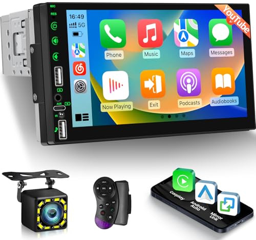 Autoradio 1 DIN avec Youtube, CarPlay et Android Auto sans Fil, écran Tactile 7 Pouces, Bluetooth, Radio FM, USB Type-C, Sortie vidéo, Commandes au Volant + caméra de recul